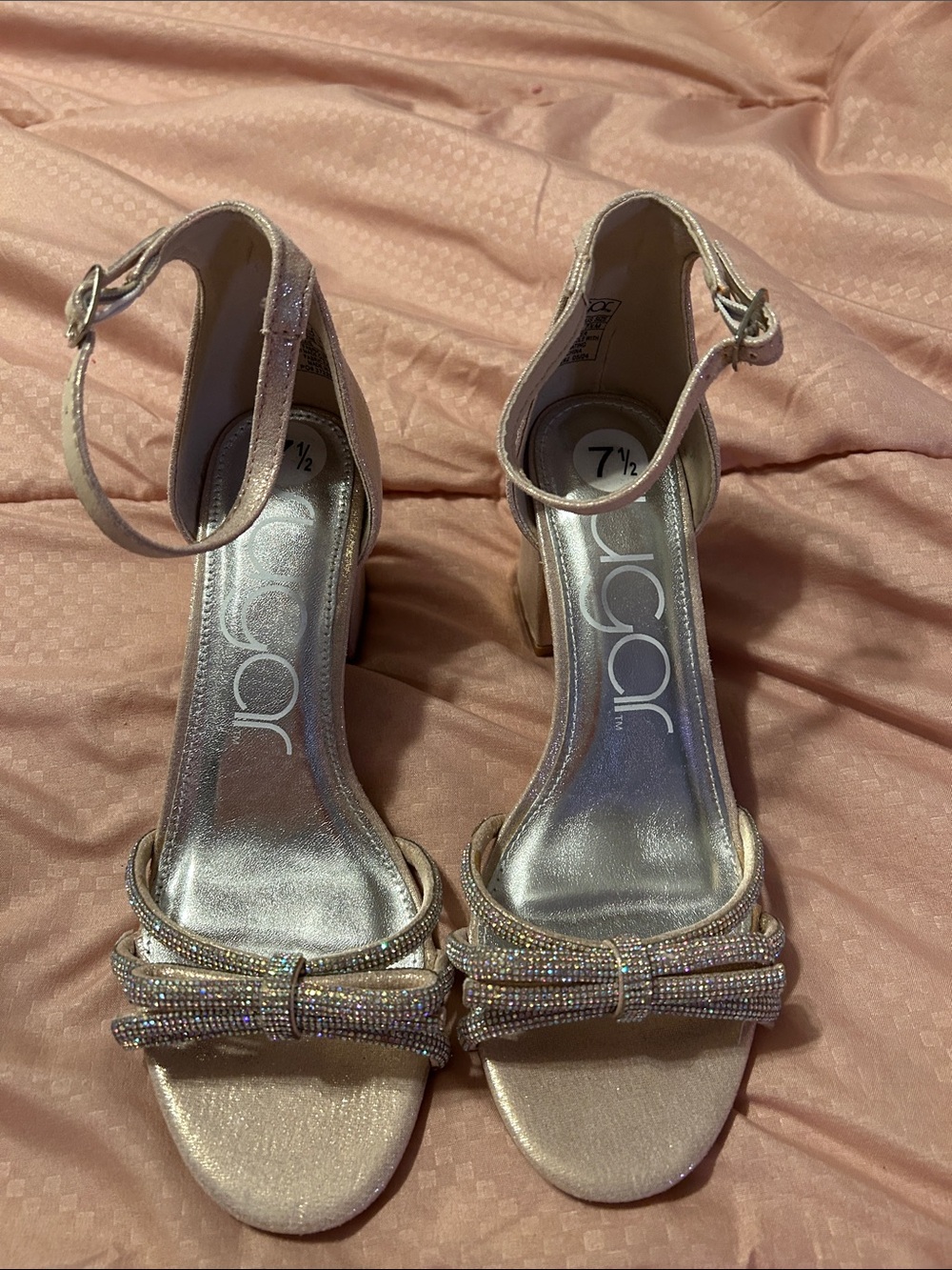 NWOT - Sugar Rose Gold Silver Bow Ankle-Strap Heels